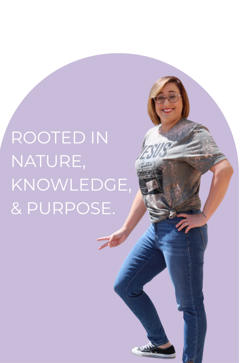 Michelle Anaya beside the words Rooted in nature, knowledge & purpose.